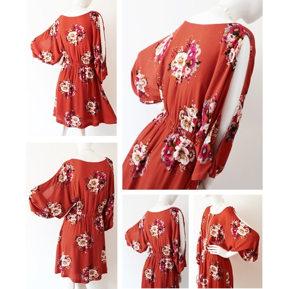 Last☝️ Rust Pretty Floral Slit Batwing Boho Dress - Picture 3 of 8